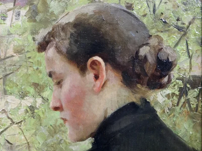 1866-Karl Heinrich Hoff - Ragazza sullo sfondo di una fresca foglia verde primaverile